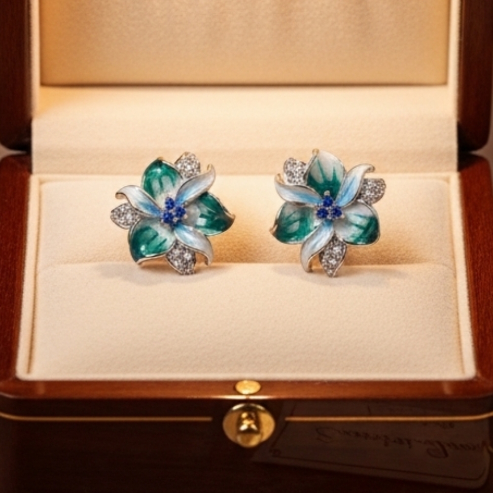 Elegant Floral Green and Blue Earrings